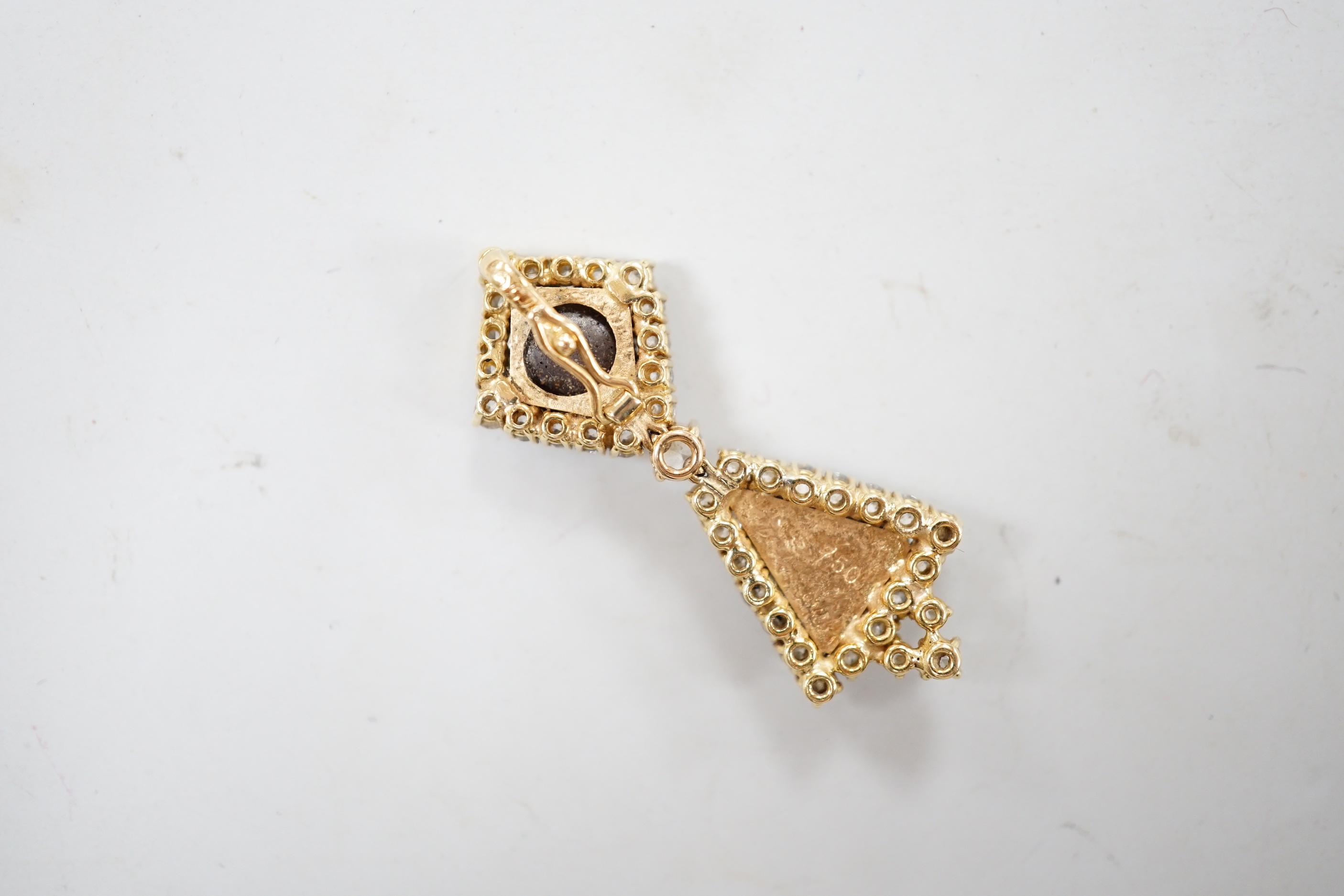 A modern 18k gold, two stone opal and white sapphire? cluster set drop pendant, 40mm, gross weight 5.7 grams.